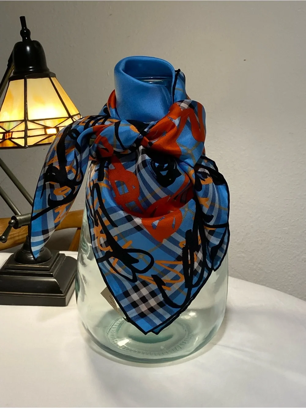 Burberry Blue and Orange Plaid Silk Scarf with Black Accents